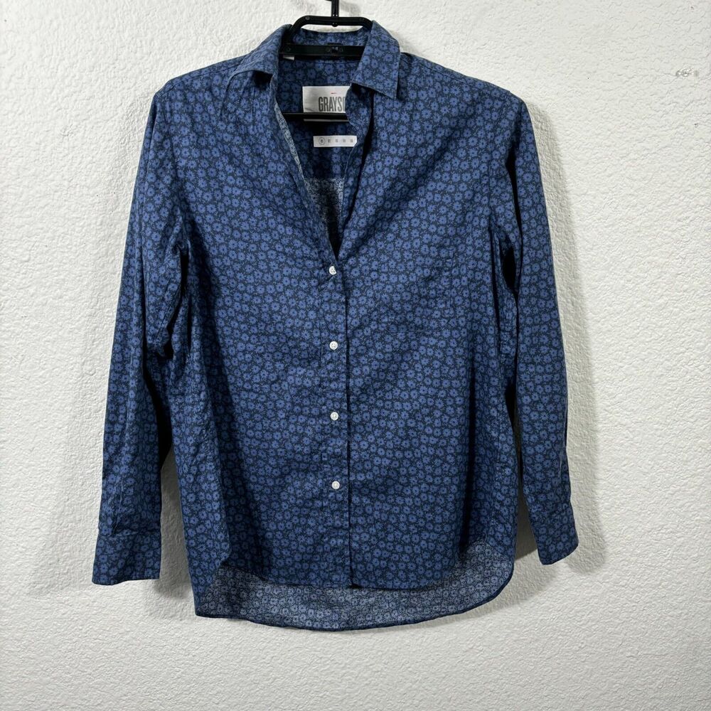 Grayson The Hero Top Womens Size 01 Floral Indigo Blue Long Sleeve Cotton Button